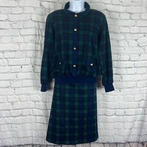 2pc vintage Alfred Dunner top skirt plaid blue green size medium